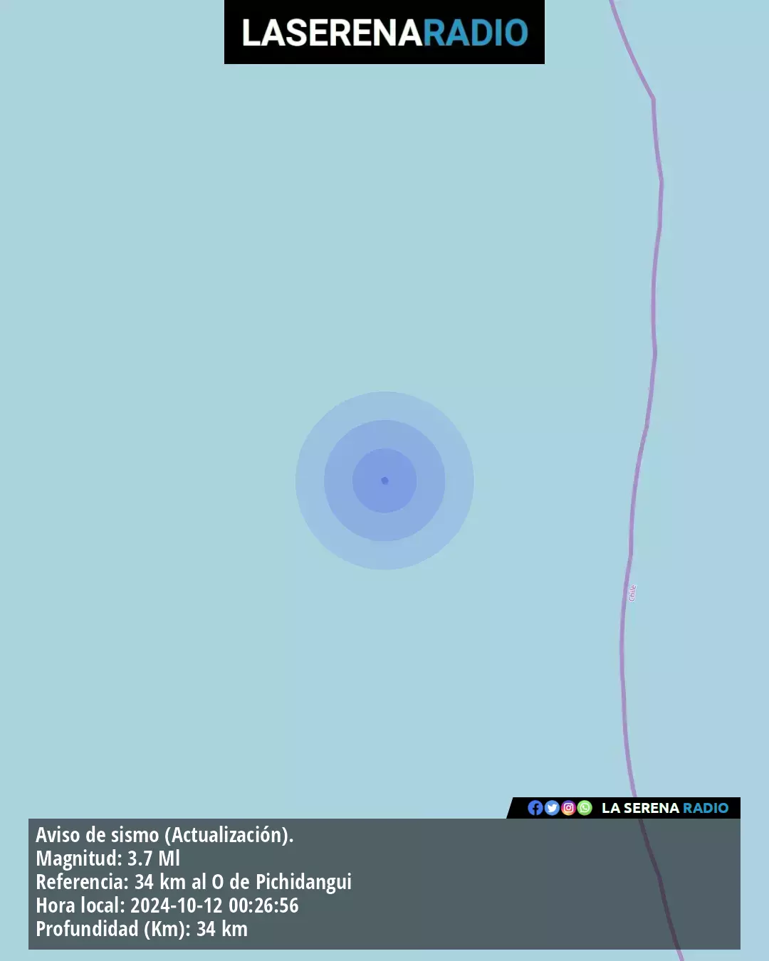 Sismo de menor intensidad a 34 kilómetros al oeste de Pichidangui