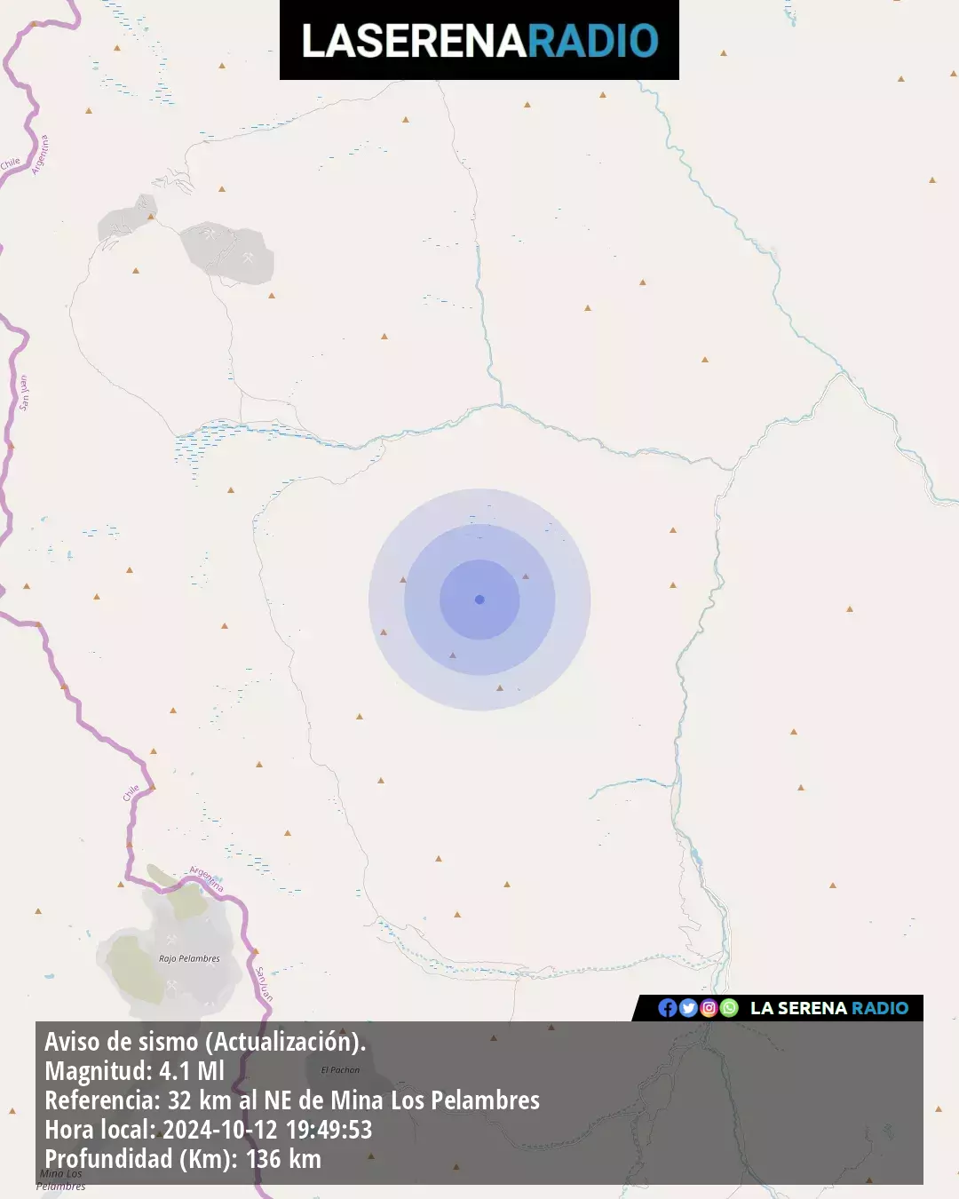 Sismo de mediana intensidad a 32 kilómetros al noreste de Mina Los Pelambres