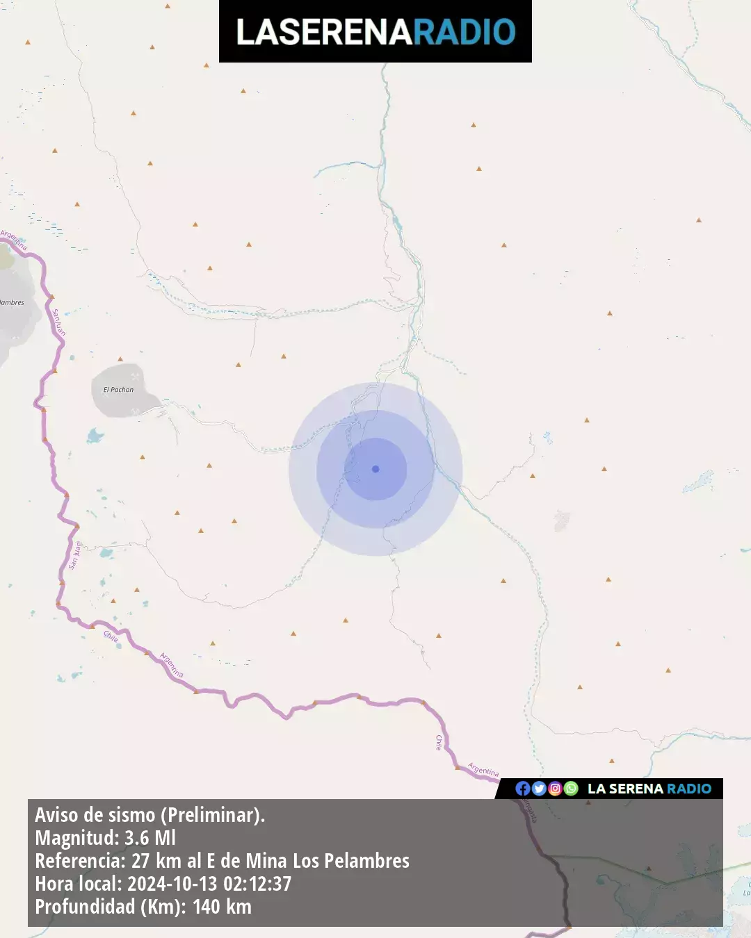 Sismo de menor intensidad a 27 kilómetros al este de Mina Los Pelambres