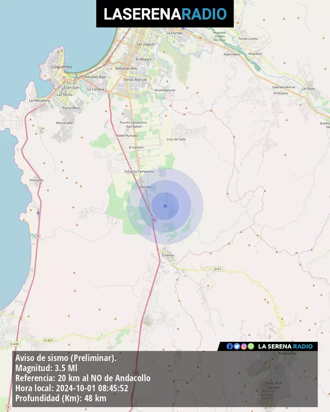 Sismo de menor intensidad a 20 kilómetros al noroeste de Andacollo