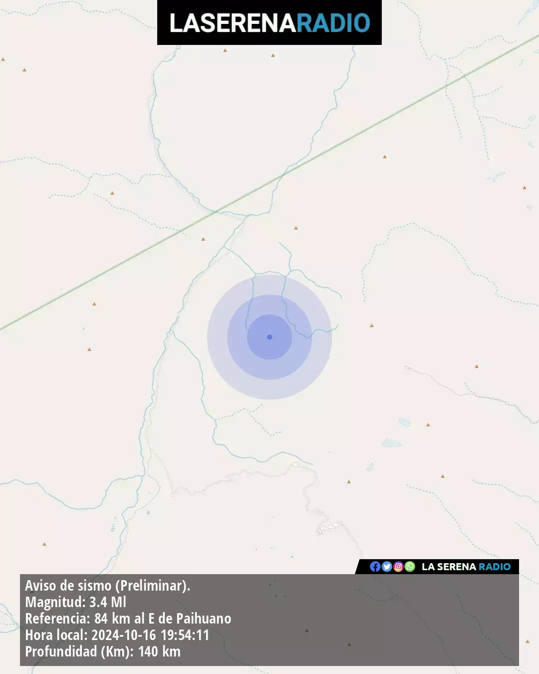 Sismo de menor intensidad a 84 kilómetros al este de Paihuano