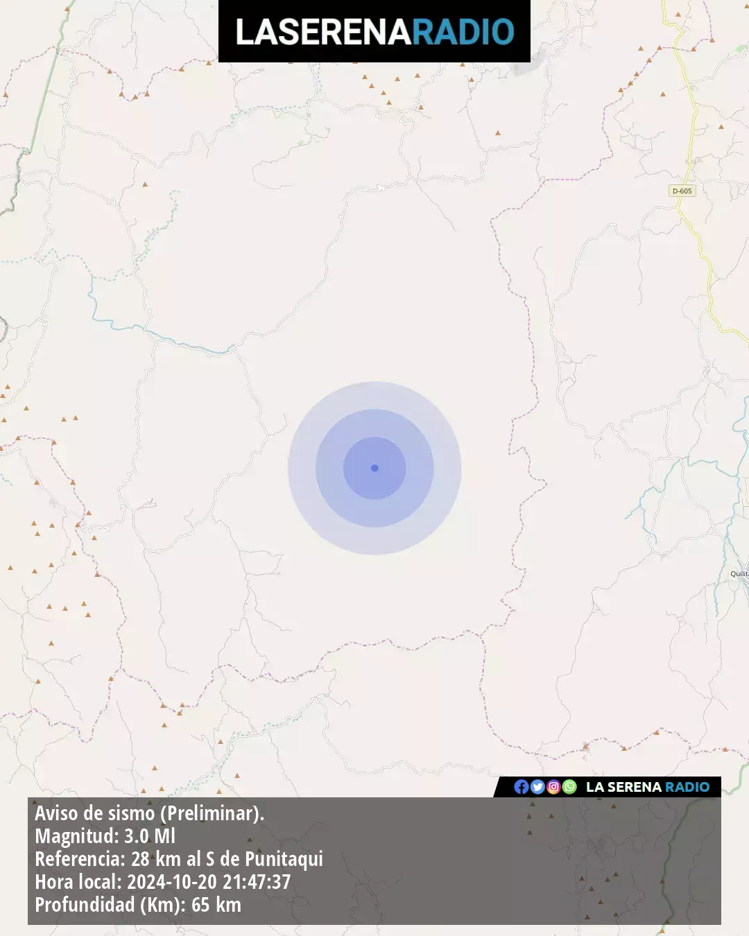 Sismo de menor intensidad a 28 kilómetros al sur de Punitaqui