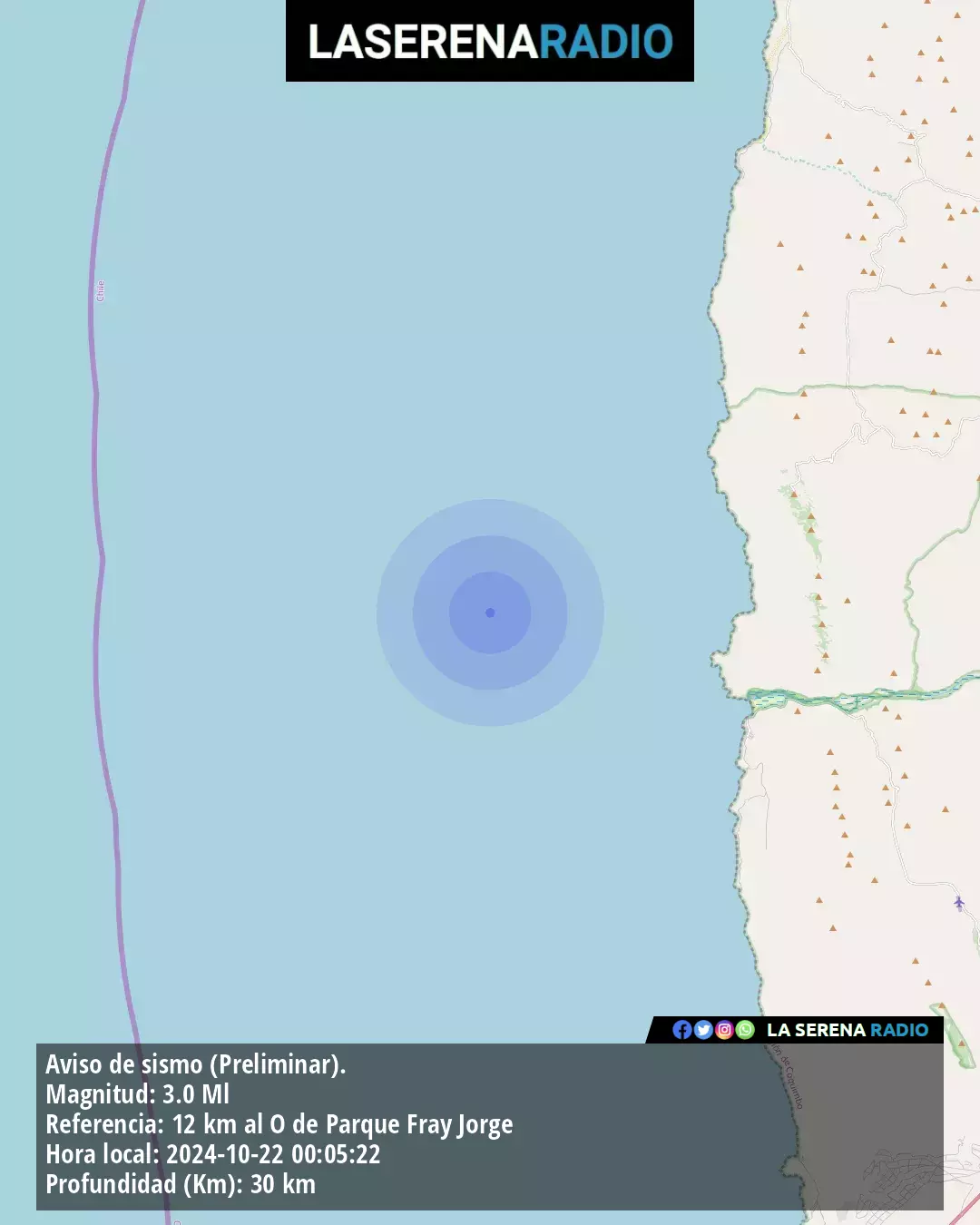 Sismo de menor intensidad a 12 kilómetros al oeste de Parque Fray Jorge