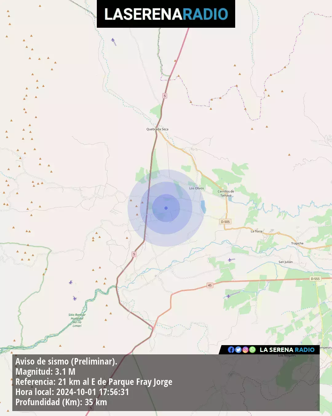 Sismo de menor intensidad a 21 kilómetros al este de Parque Fray Jorge