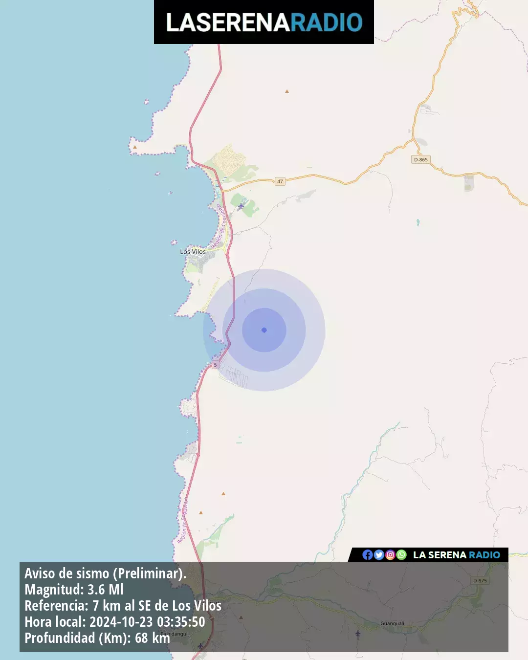 Sismo de menor intensidad a 7 kilómetros al sureste de Los Vilos