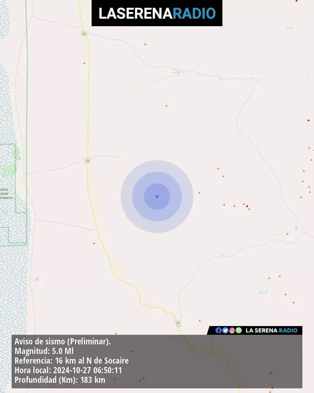 Sismo de mediana intensidad a 16 kilómetros al norte de Socaire