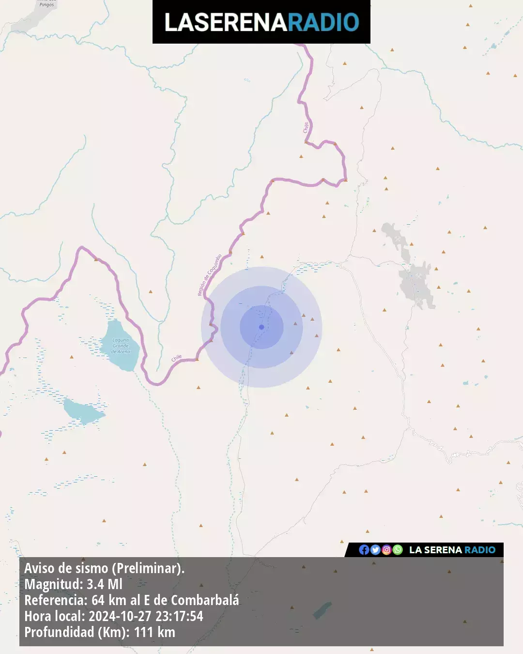 Sismo de menor intensidad a 64 kilómetros al este de Combarbalá