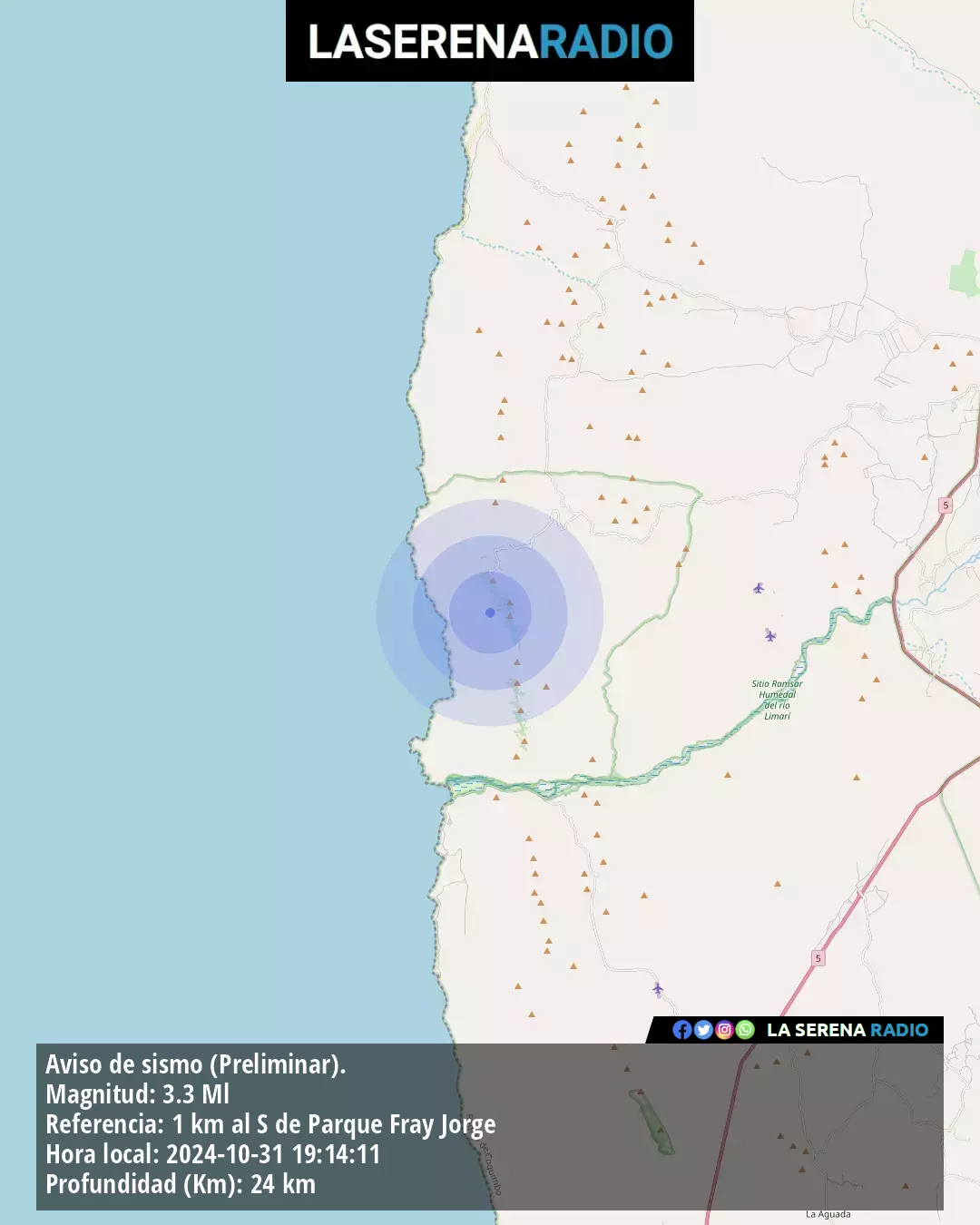 Sismo de menor intensidad a 1 kilómetros al sur de Parque Fray Jorge