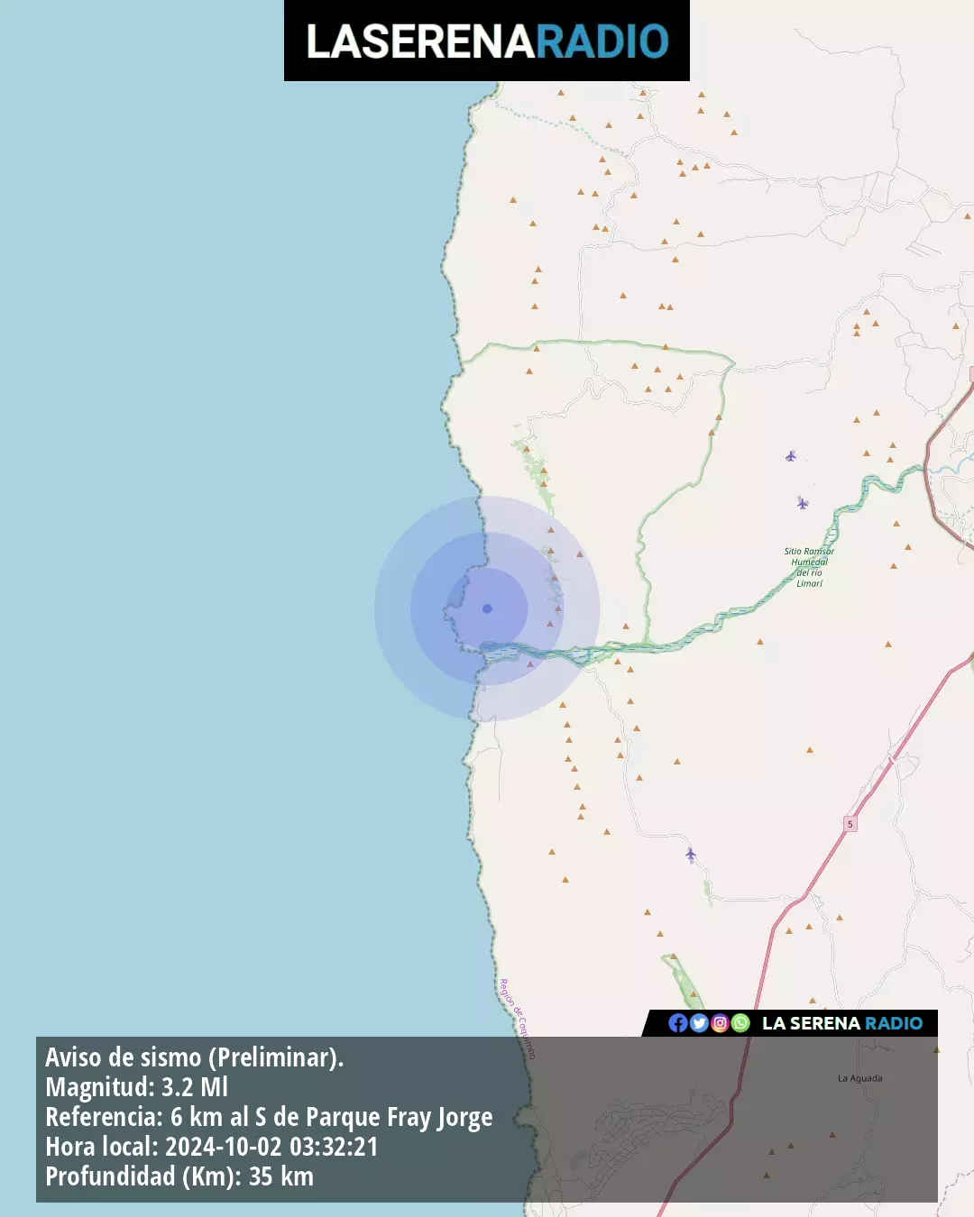 Sismo de menor intensidad a 6 kilómetros al sur de Parque Fray Jorge