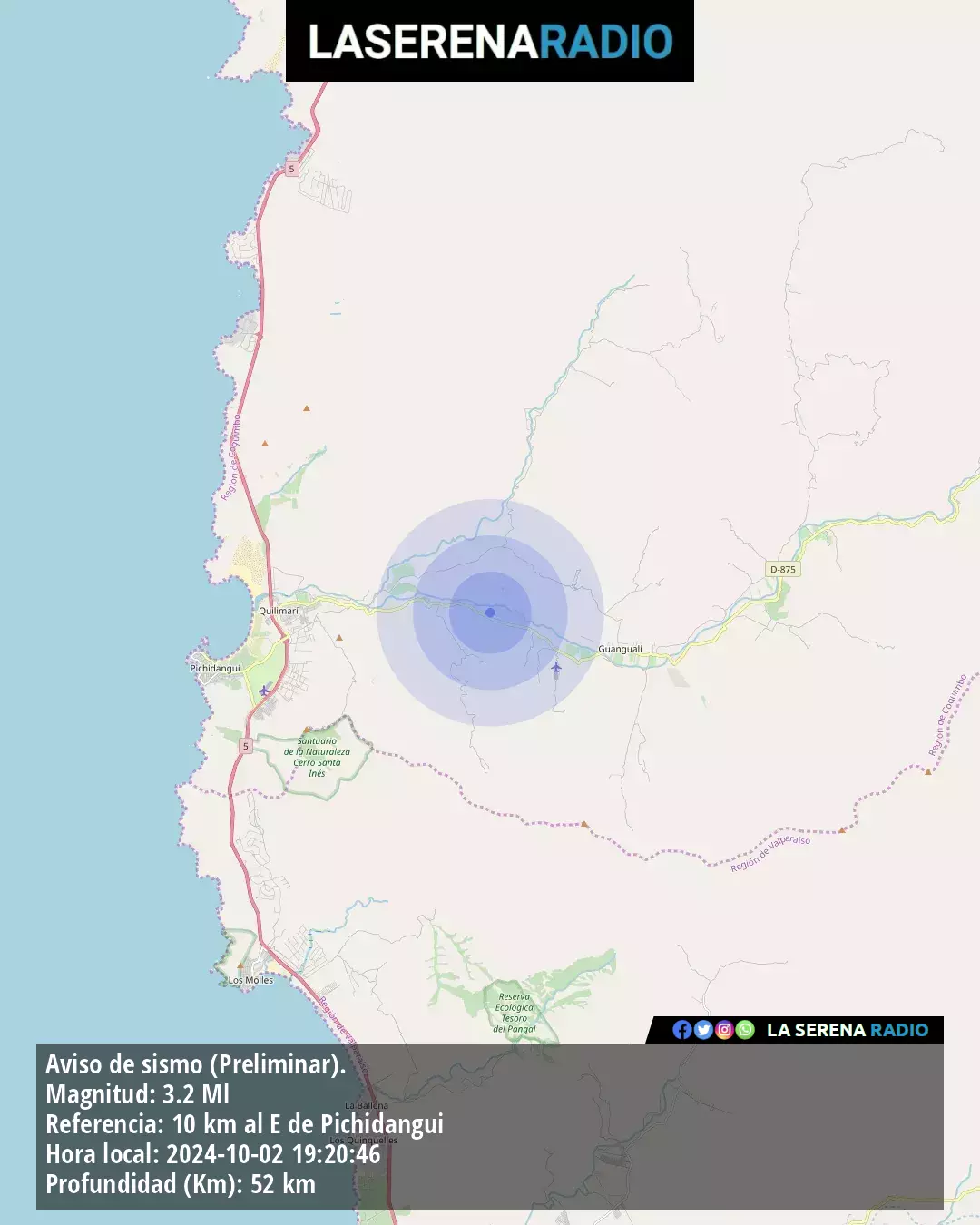 Sismo de menor intensidad a 10 kilómetros al este de Pichidangui