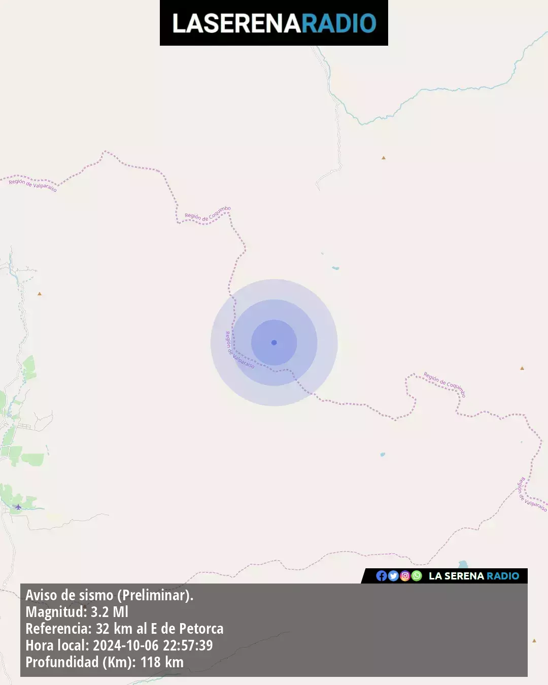 Sismo de menor intensidad a 32 kilómetros al este de Petorca