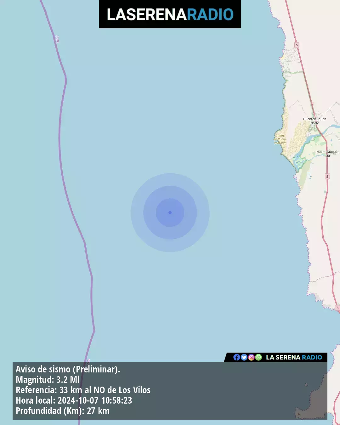 Sismo de menor intensidad a 33 kilómetros al noroeste de Los Vilos