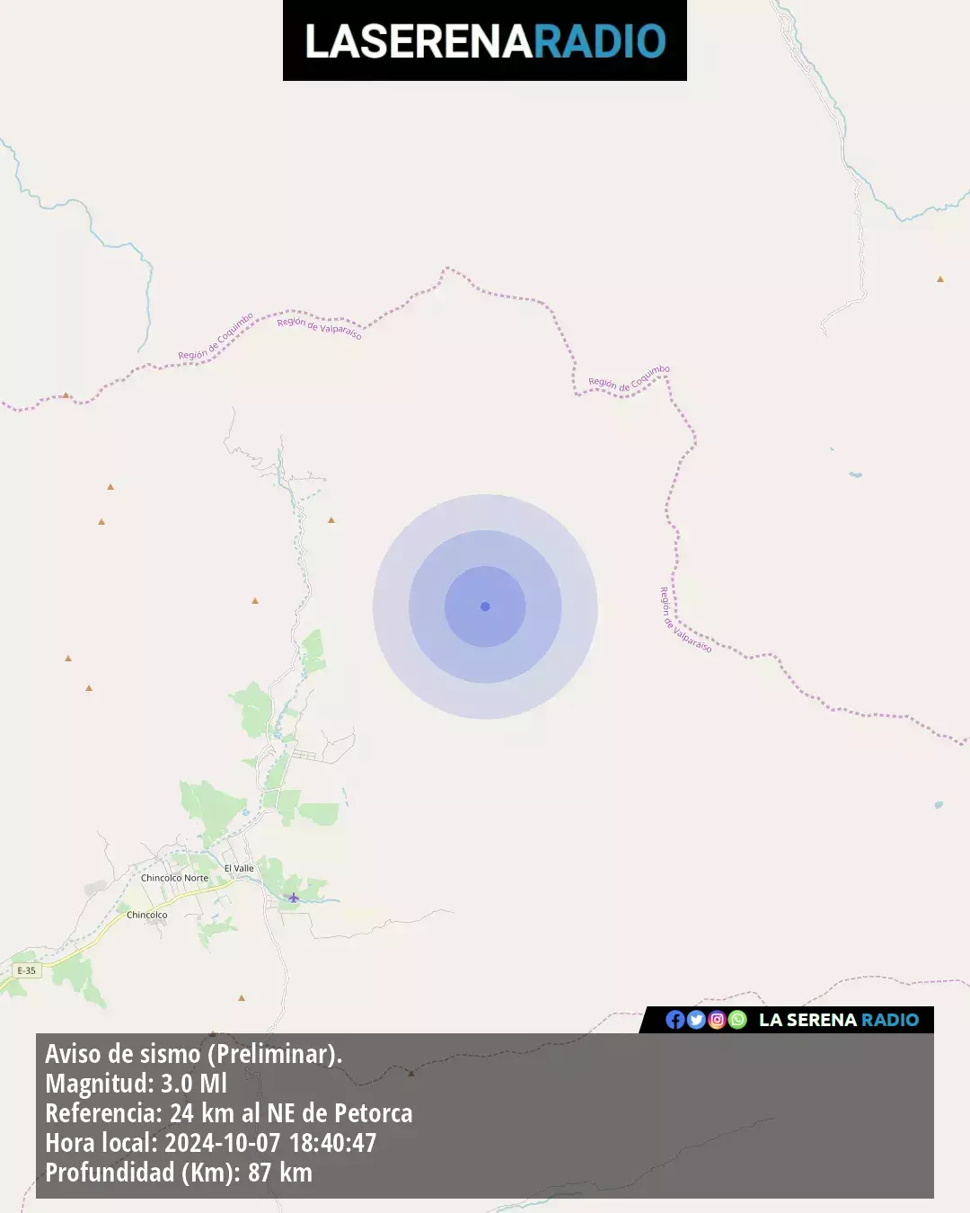 Sismo de menor intensidad a 24 kilómetros al noreste de Petorca