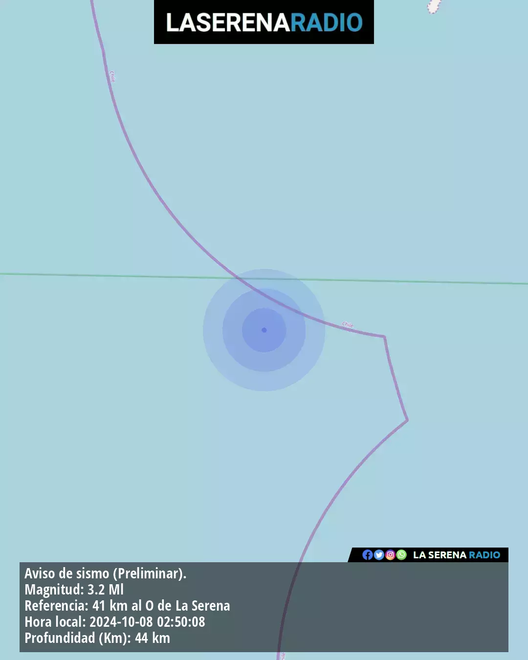 Sismo de menor intensidad a 41 kilómetros al oeste de La Serena