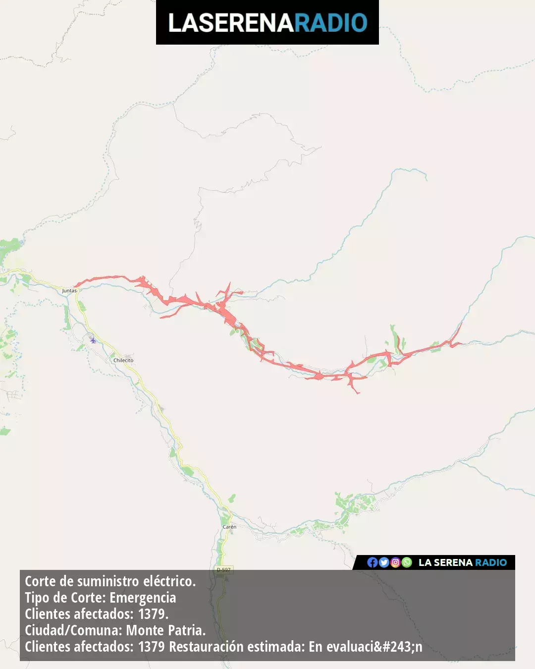 Corte de suministro eléctrico afecta a 1379 clientes en Monte Patria