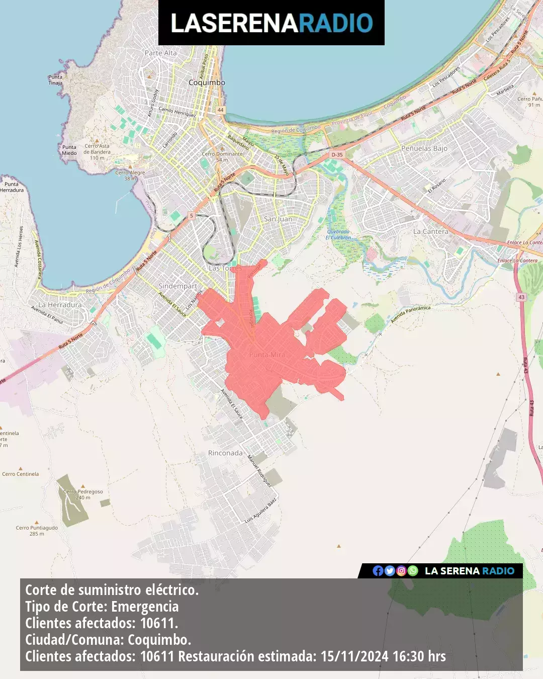 Corte de suministro eléctrico afecta a 10611 clientes en Coquimbo