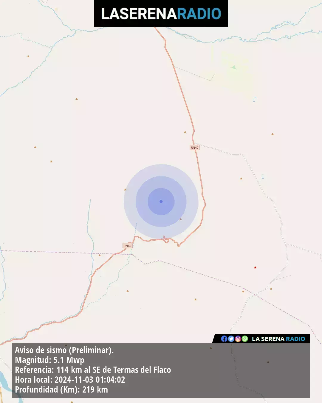 Sismo de mediana intensidad a 114 kilómetros al sureste de Termas del Flaco