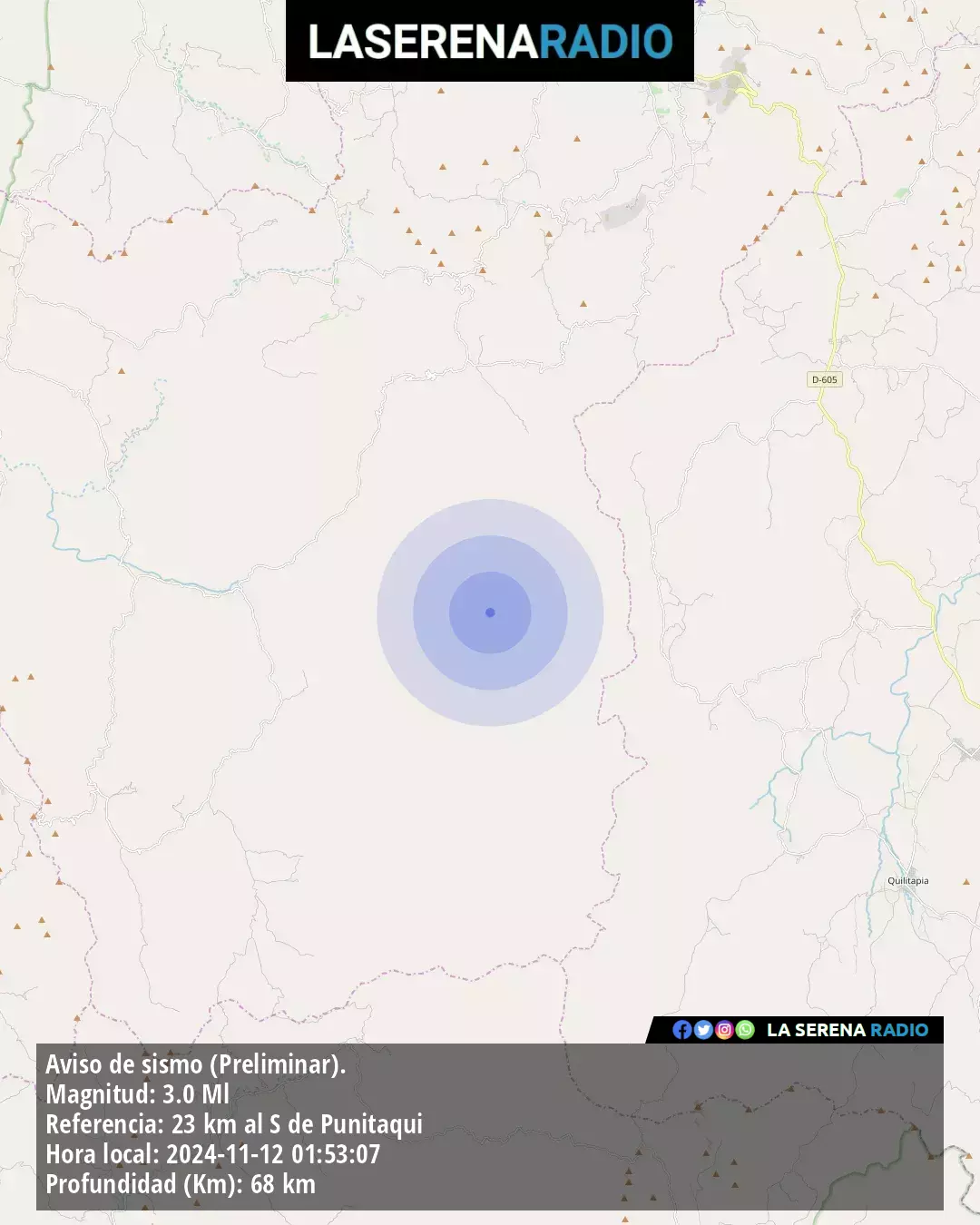 Sismo de menor intensidad a 23 kilómetros al sur de Punitaqui