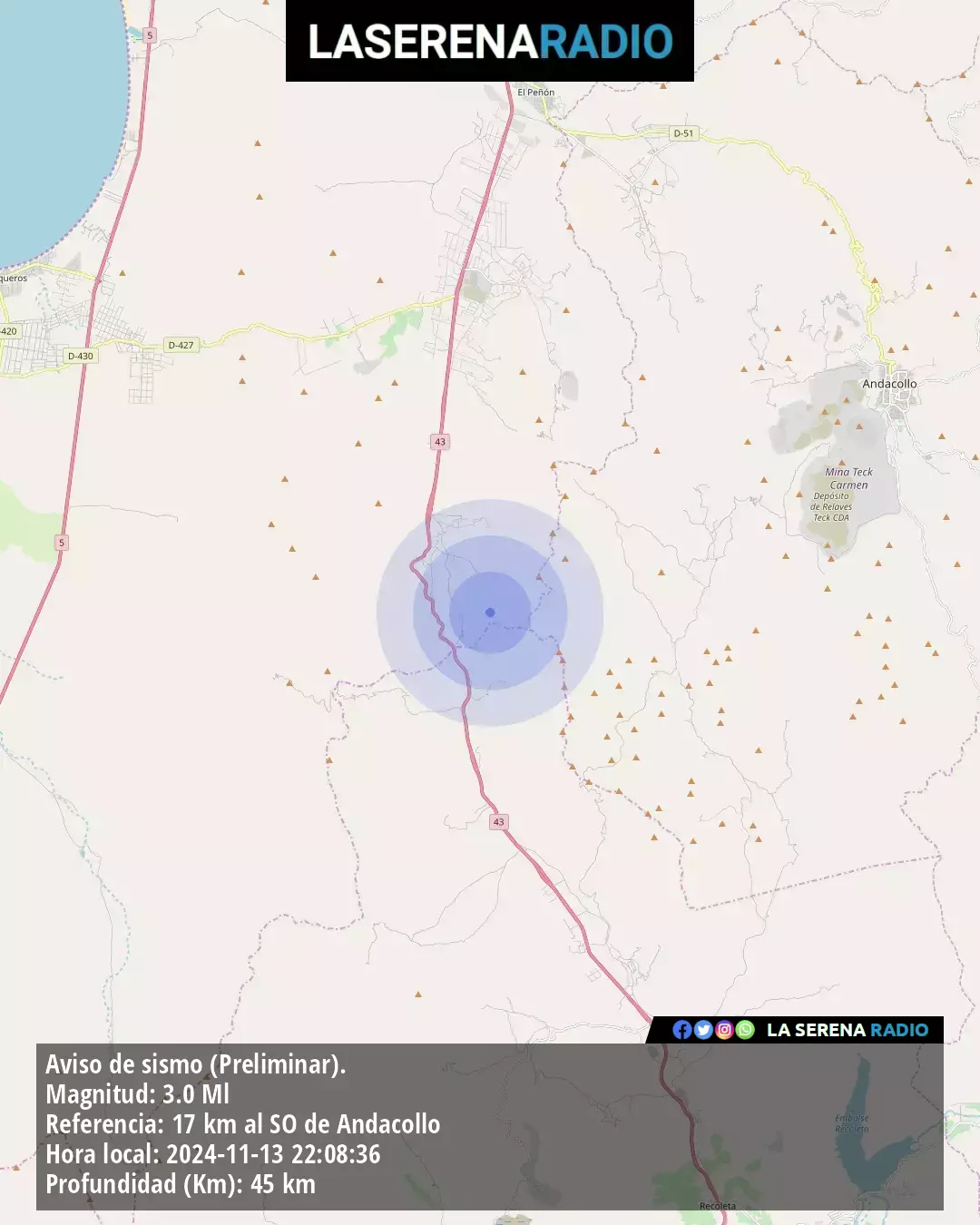 Sismo de menor intensidad a 17 kilómetros al suroeste de Andacollo