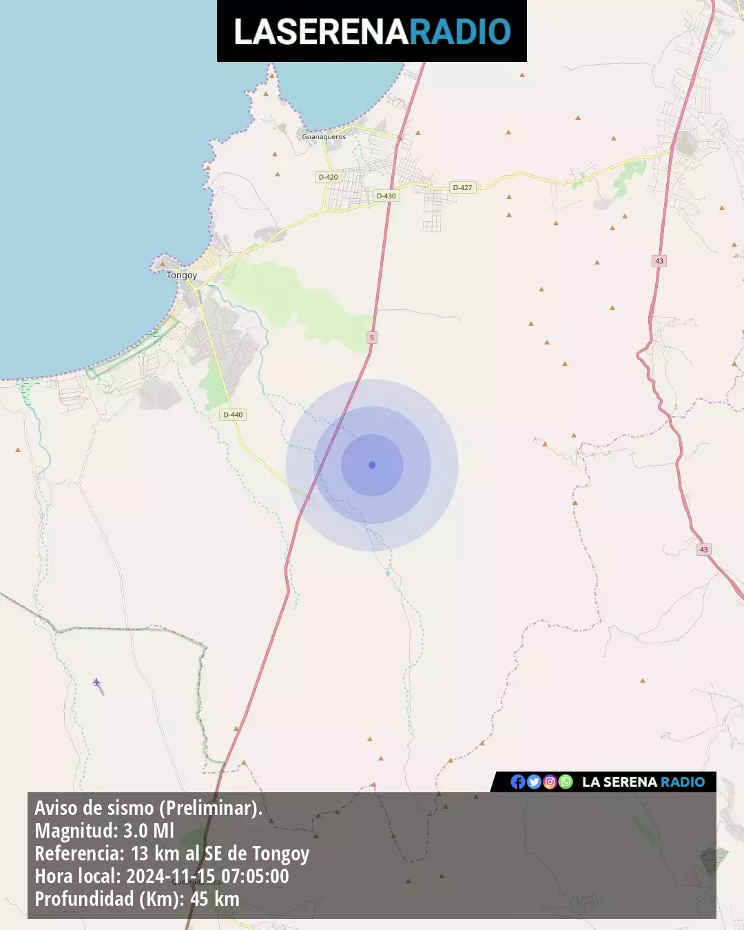 Sismo de menor intensidad a 13 kilómetros al sureste de Tongoy