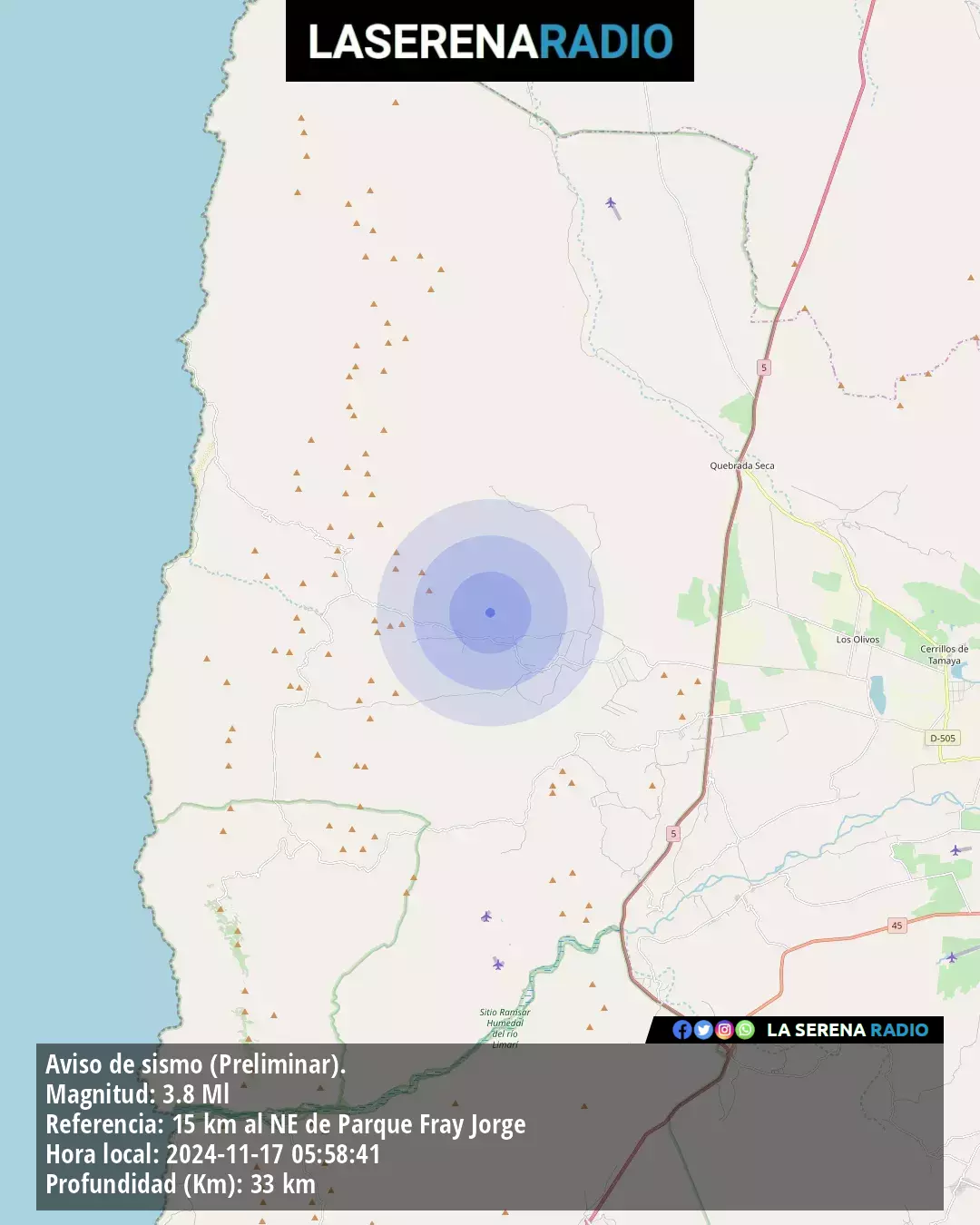 Sismo de menor intensidad a 15 kilómetros al noreste de Parque Fray Jorge