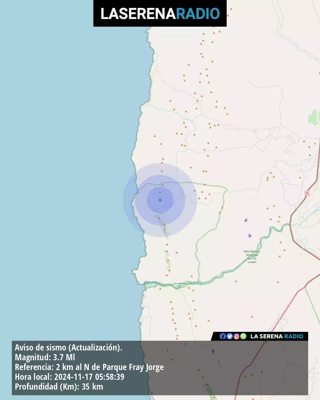 Sismo de menor intensidad a 2 kilómetros al norte de Parque Fray Jorge