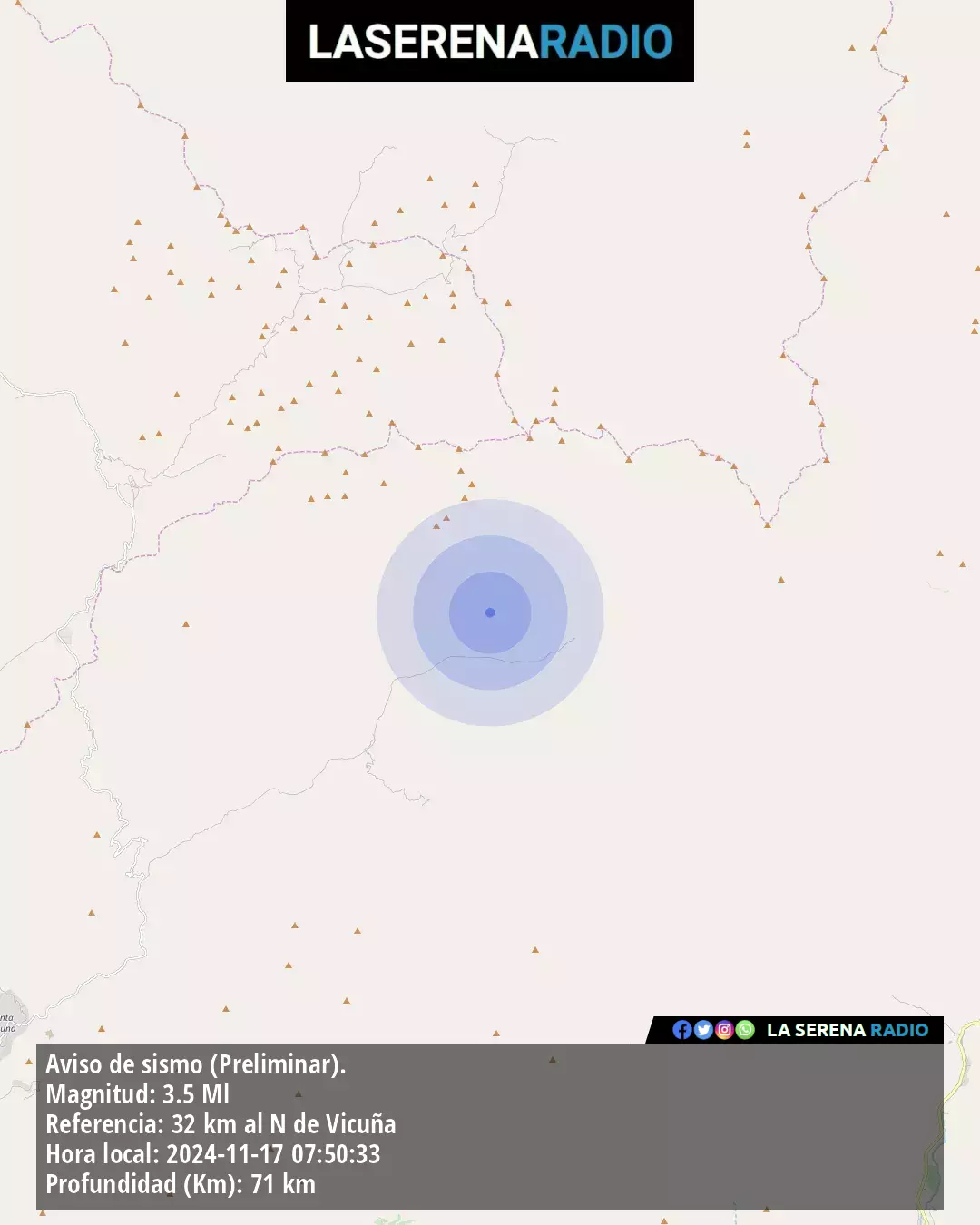 Sismo de menor intensidad a 32 kilómetros al norte de Vicuña