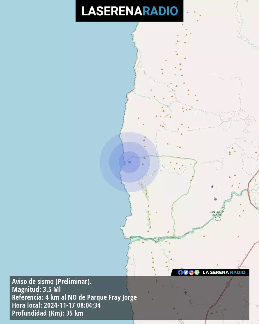 Sismo de menor intensidad a 4 kilómetros al noroeste de Parque Fray Jorge