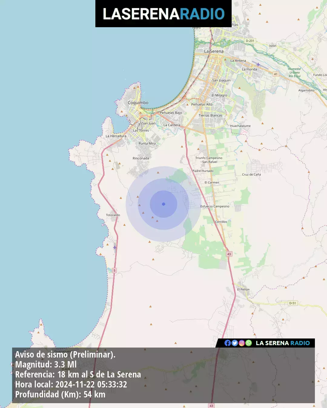 Sismo de menor intensidad a 18 kilómetros al sur de La Serena