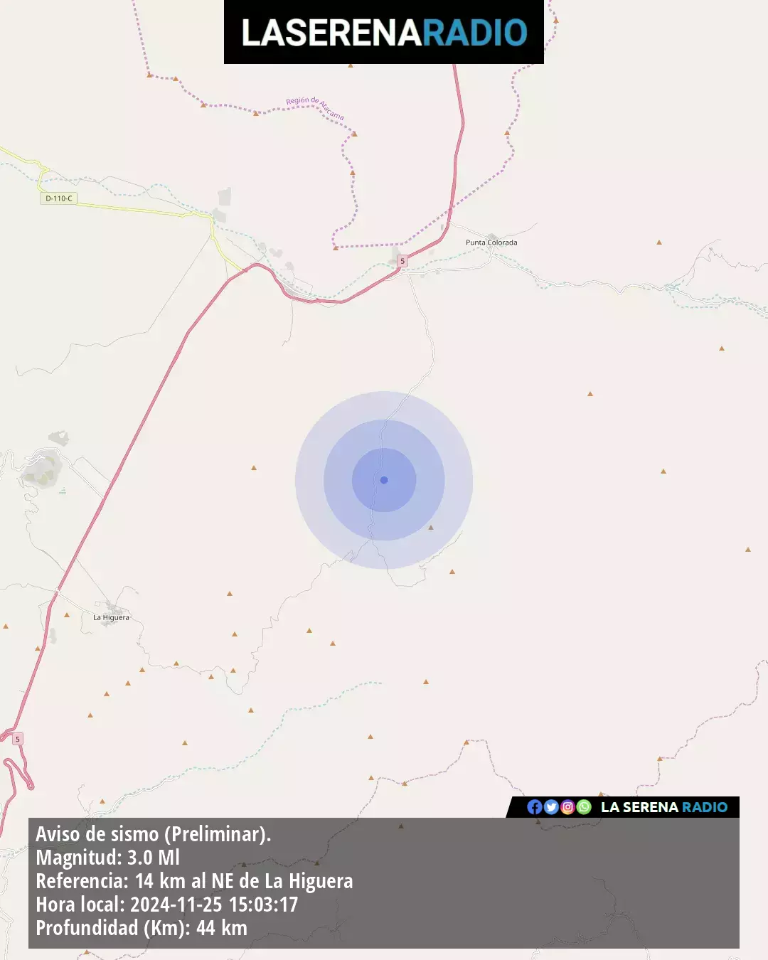 Sismo de menor intensidad a 14 kilómetros al noreste de La Higuera