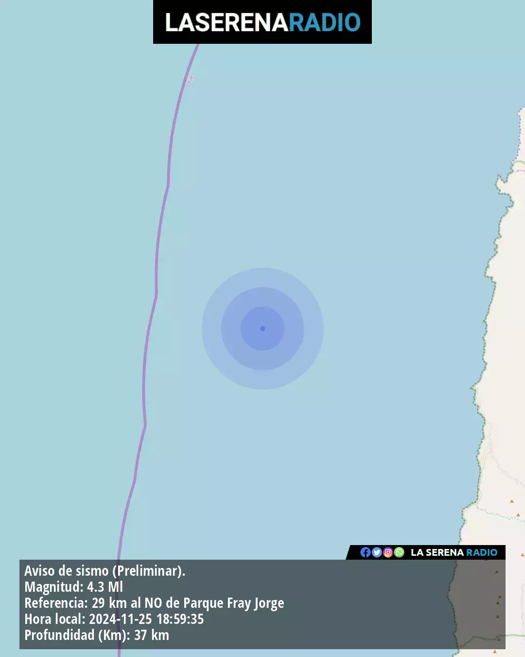 Sismo de mediana intensidad a 29 kilómetros al noroeste de Parque Fray Jorge