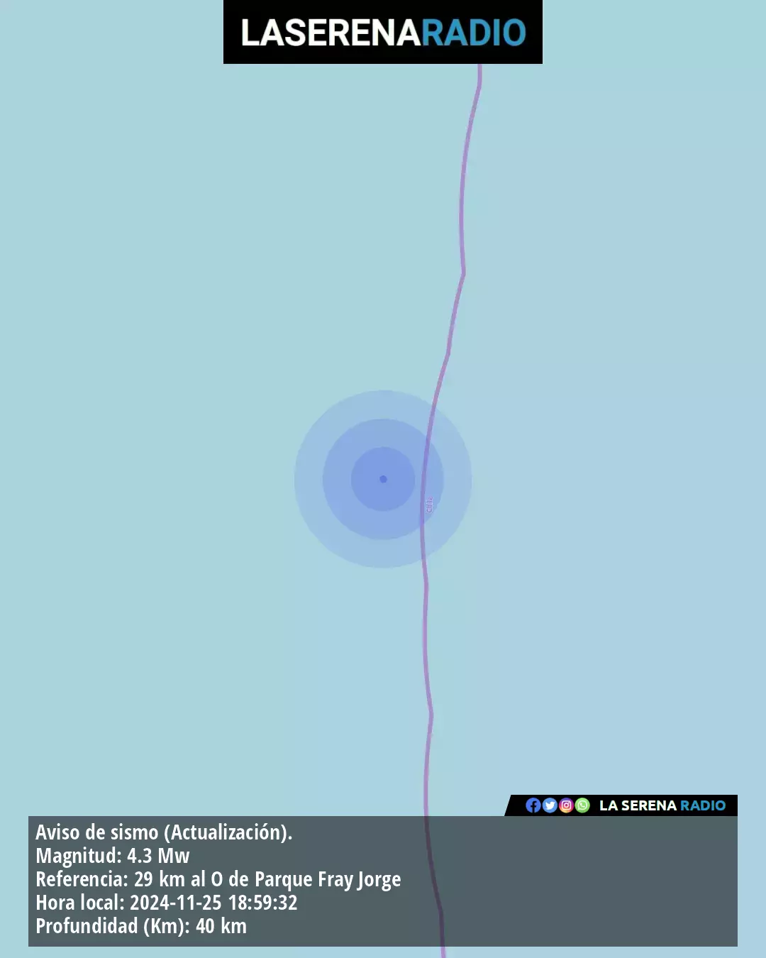 Sismo de mediana intensidad a 29 kilómetros al oeste de Parque Fray Jorge