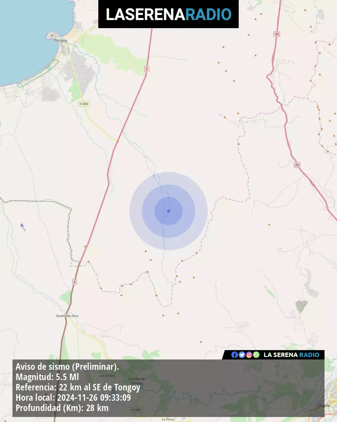 Sismo de mediana intensidad a 22 kilómetros al sureste de Tongoy