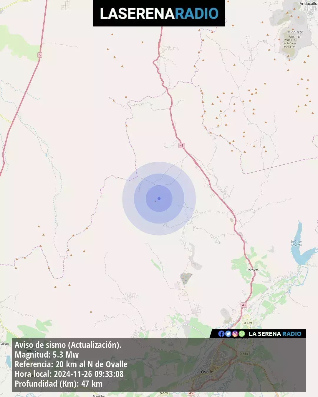 Sismo de mediana intensidad a 20 kilómetros al norte de Ovalle