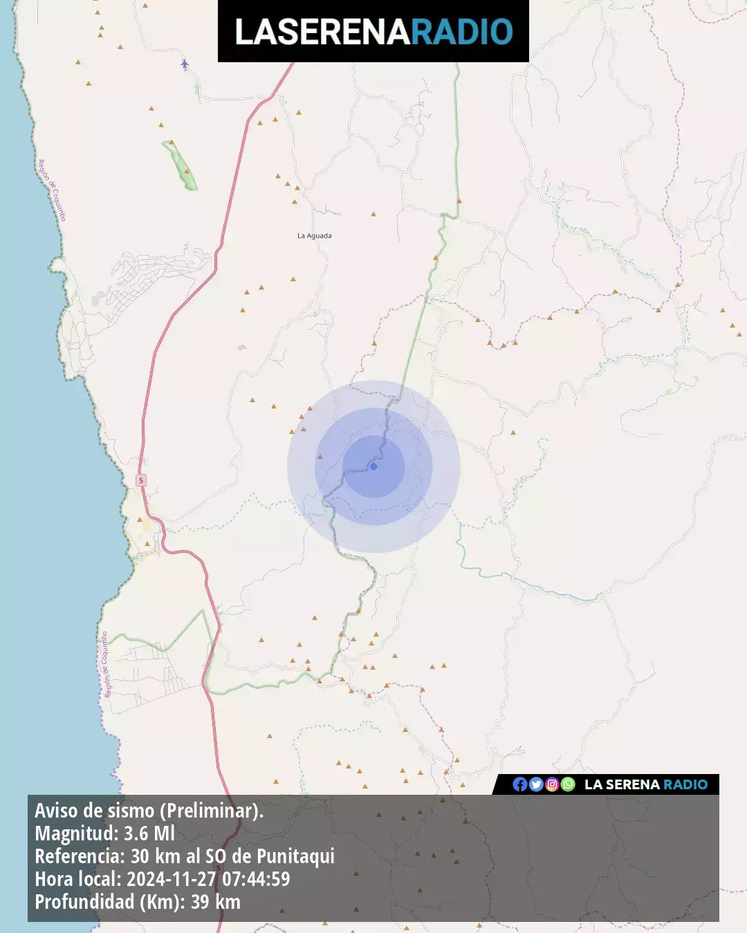 Sismo de menor intensidad a 30 kilómetros al suroeste de Punitaqui