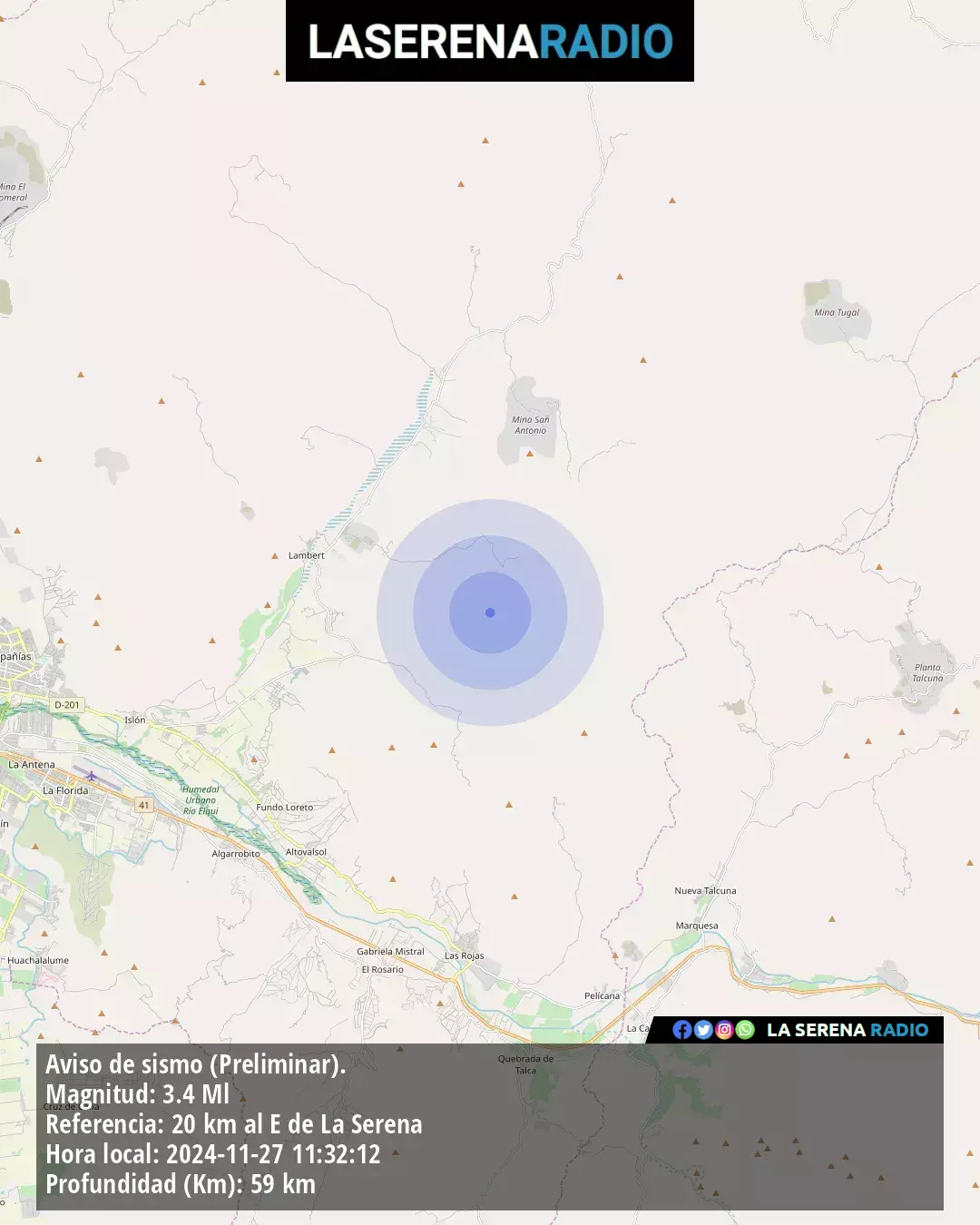 Sismo de menor intensidad a 20 kilómetros al este de La Serena