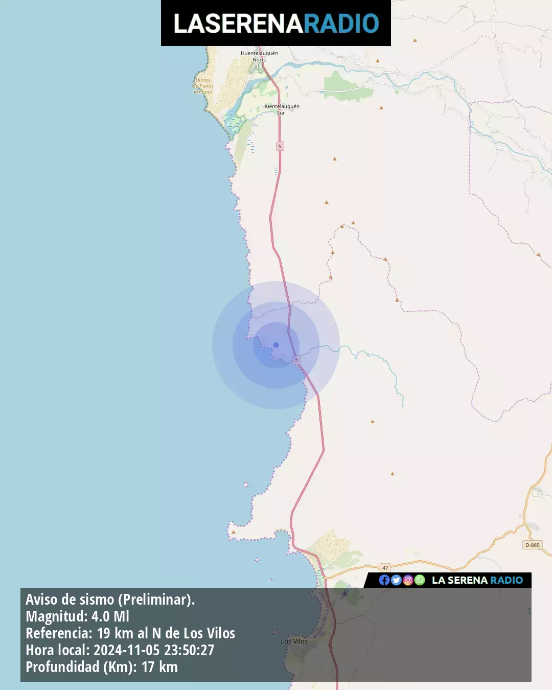 Sismo de mediana intensidad a 19 kilómetros al norte de Los Vilos