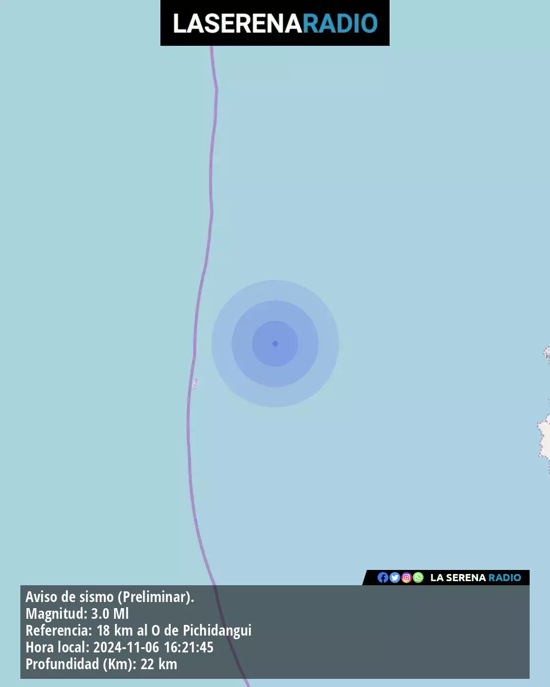 Sismo de menor intensidad a 18 kilómetros al oeste de Pichidangui