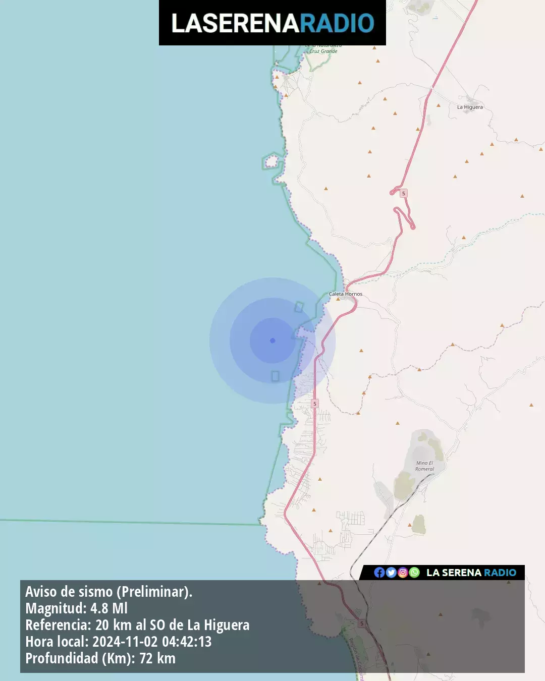 Sismo de mediana intensidad a 20 kilómetros al suroeste de La Higuera